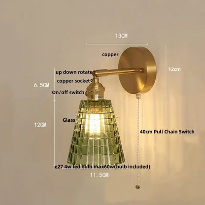 Vintage brass wall sconce with amber coffee glass textured shade and copper finish for bedroom led lighting