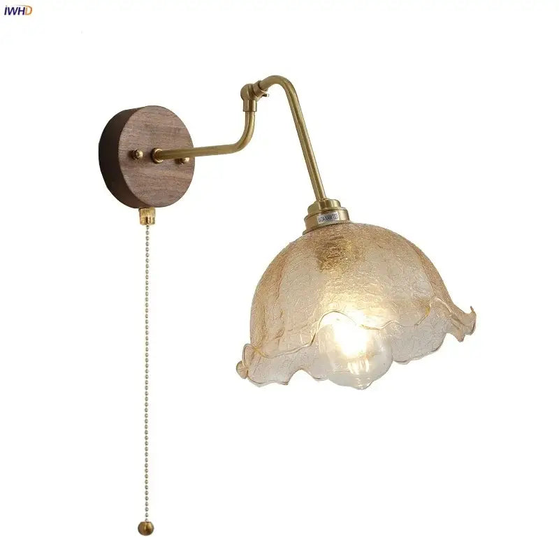 Vintage brass amber glass led wall lights with a textured flower-shaped shade and pull chain for bedroom decorbites led wall
