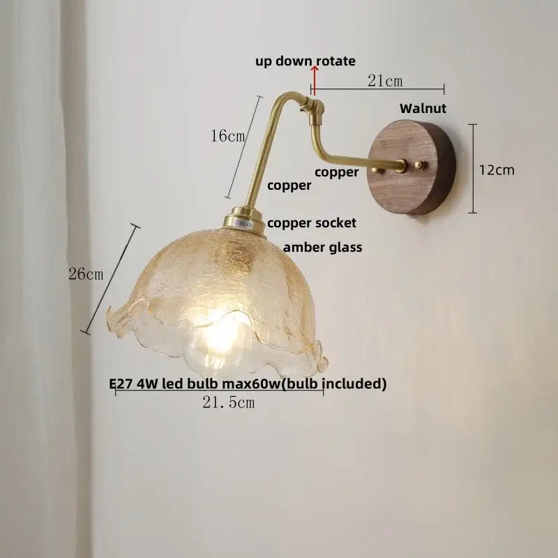 Vintage brass amber glass led wall lights with warm amber glass copper finish and walnut wall plate for decorbites led wall