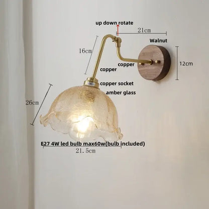 Vintage brass amber glass led wall lights with warm amber glass copper finish and walnut wall plate for decorbites led wall