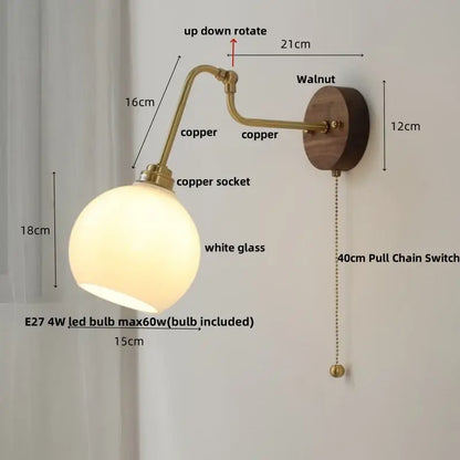 Copper-finished led wall lights pull with round white glass shade and walnut wood backplate for vintage decorbites led wall use
