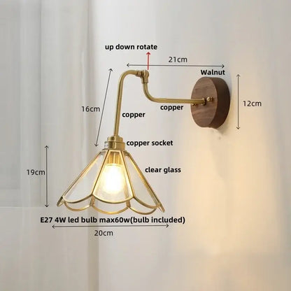 Vintage brass amber glass led wall lights pull with copper sconce clear glass shade and walnut wood backplate decorbites led wall