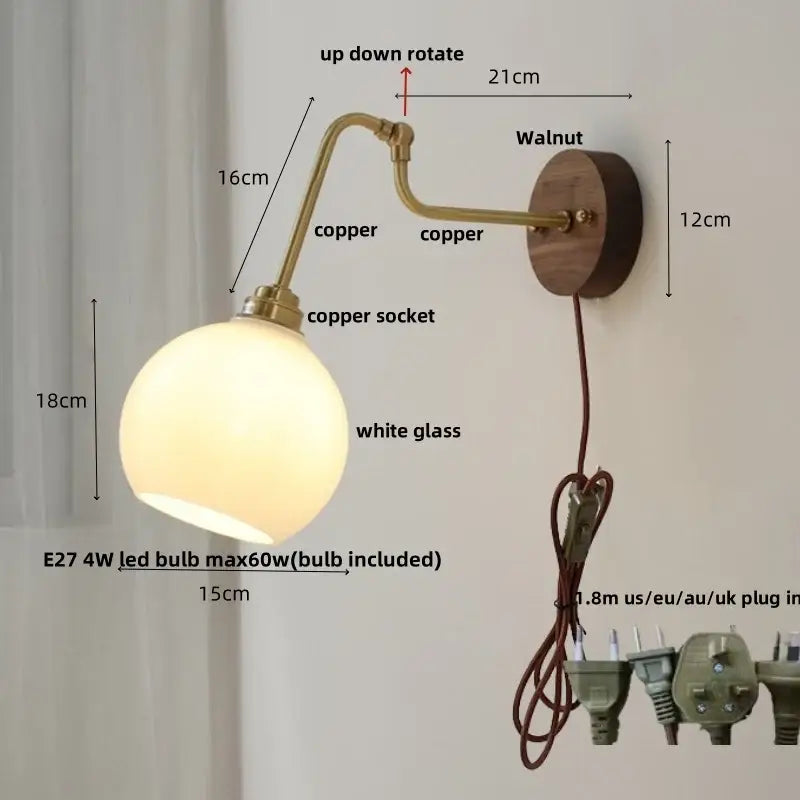Vintage brass amber glass led wall light with brass-finished copper globe and walnut wood backplate decorbites led wall