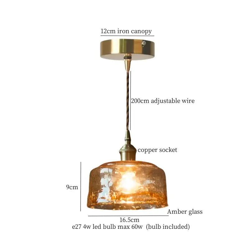 Vintage brass amber glass pendant light with warm amber glass, brass iron canopy, and adjustable copper socket wire