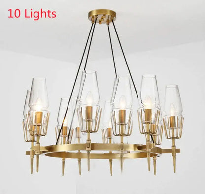Vintage decorbites brass ana chandelier with gold-toned brass cage and ten clear glass shades for dining room lighting