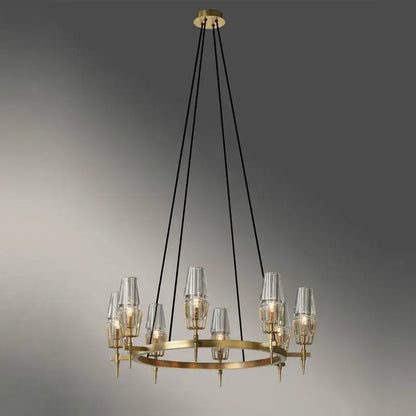 Vintage brass ana chandelier with brass-toned frame and clear glass shades suspended by black cords for dining room decorbites brass ana