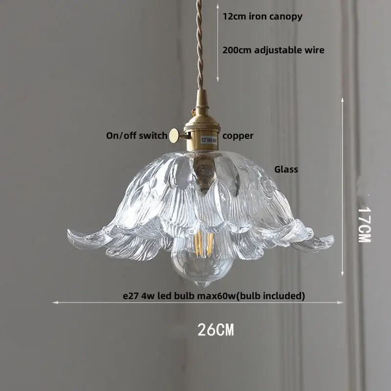 Vintage brass and amber glass pendant light with clear glass petal design and brass-colored copper switch for kitchen decorbites amber glass pendant