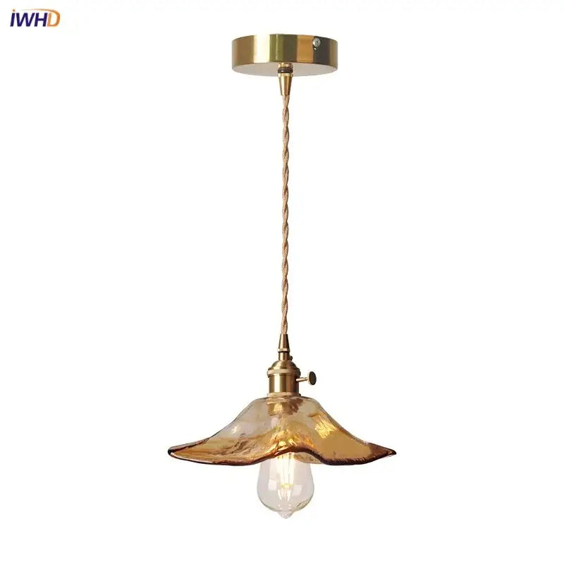 Vintage brass pendant light with decorbites amber glass fluted shade and twisted cord for kitchen hanging lamp decor