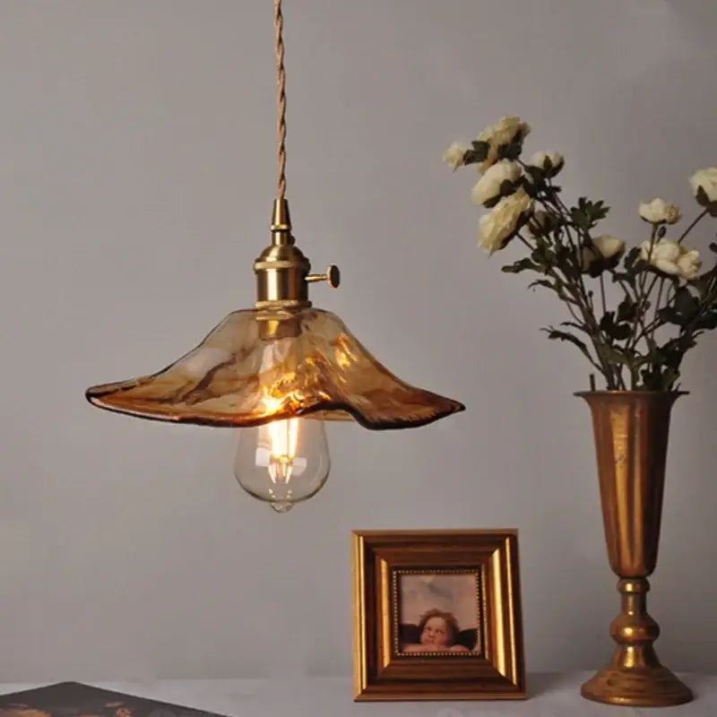 Vintage brass and amber glass pendant light with warm amber glass and twisted cord for kitchen decorbites pendant light