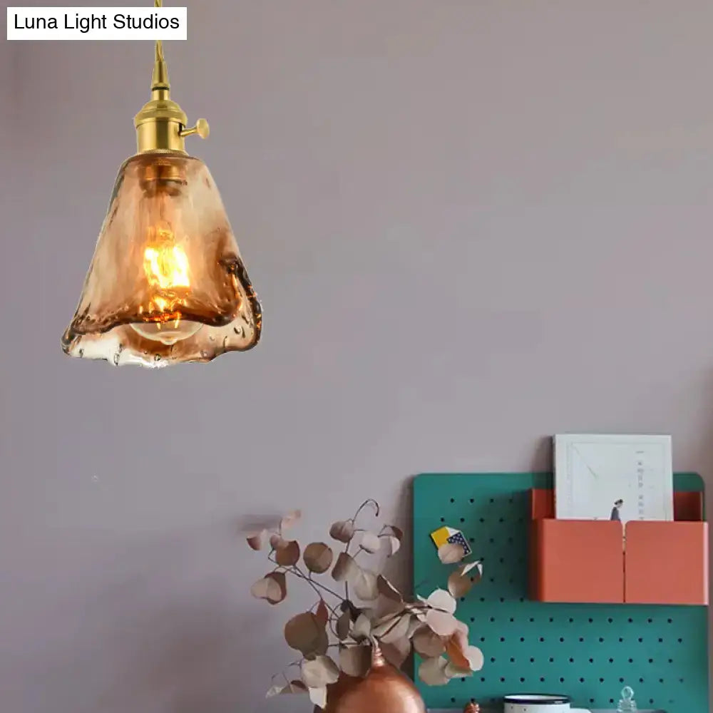 DecorBites brass shaded drop pendant light with warm amber tan glass for vintage living room lighting