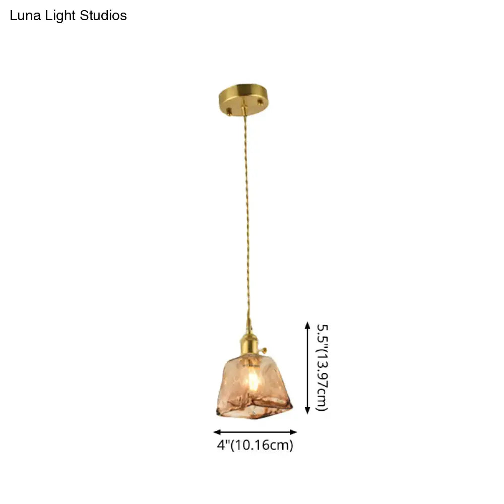 DecorBites™ brass shaded drop pendant light with amber tan glass and brass fixture for living room lighting