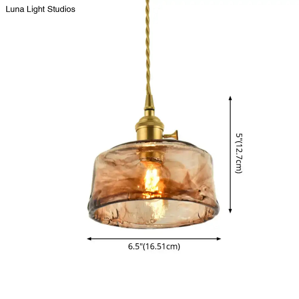 Decorbites™ brass shaded drop pendant light in warm amber tan glass with textured hand-blown finish for living room