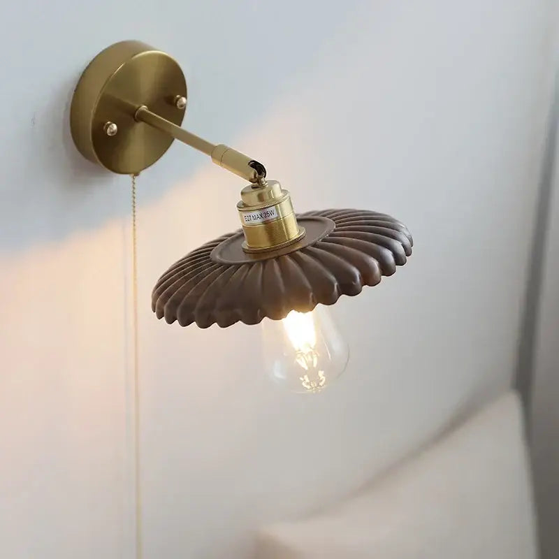 Vintage brass wall lamp with a fluted dark brown shade and exposed edison bulb for decorbites led walnut wood decor