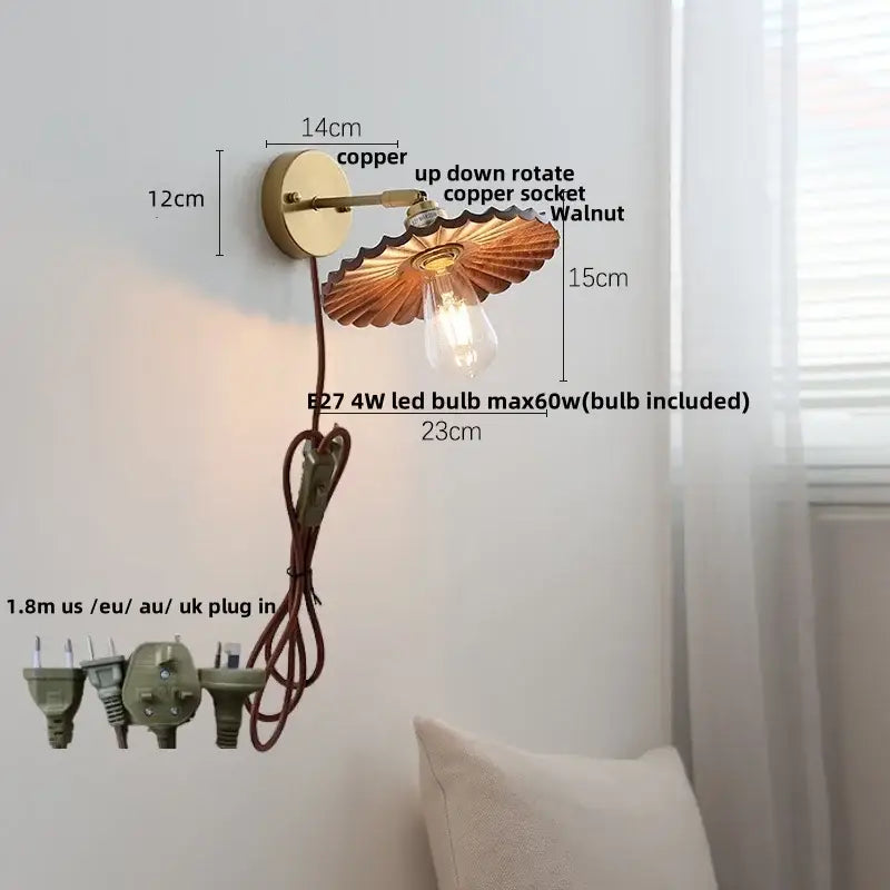 Copper wall lamp with walnut wood fan-shaped shade and E27 LED bulb vintage brass amber glass scalloped sconce decorbites led walnut