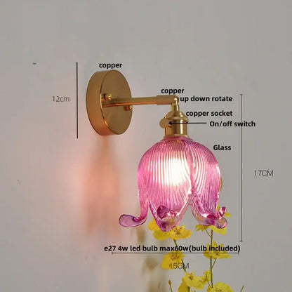 Vintage brass wall light featuring pink ribbed loft amber glass flower sconce with copper hardware for decorbites loft amber decor