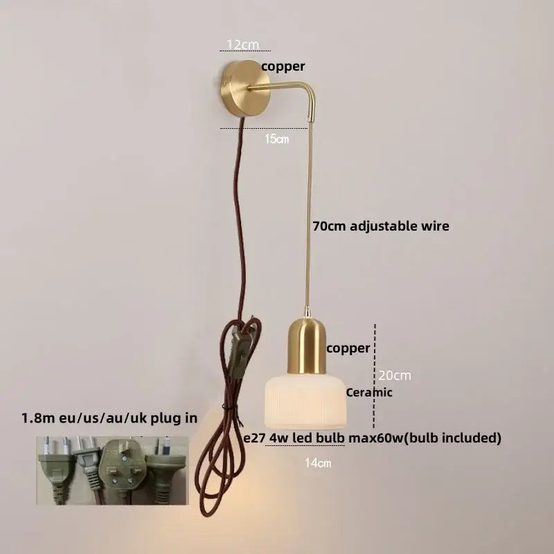 Minimalist vintage brass and amber glass wall sconce with a copper ceramic led wall shade and adjustable 70cm wire decorbites ceramic led