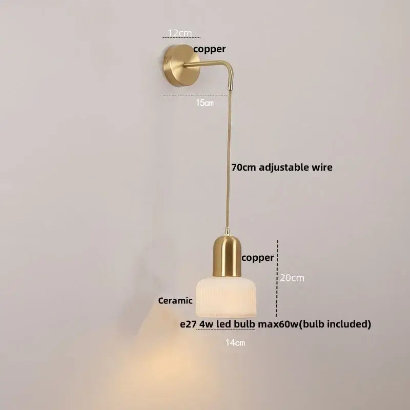 Vintage brass and amber glass wall sconce with gold-toned copper and frosted ceramic led shade by decorbites ceramic led wall