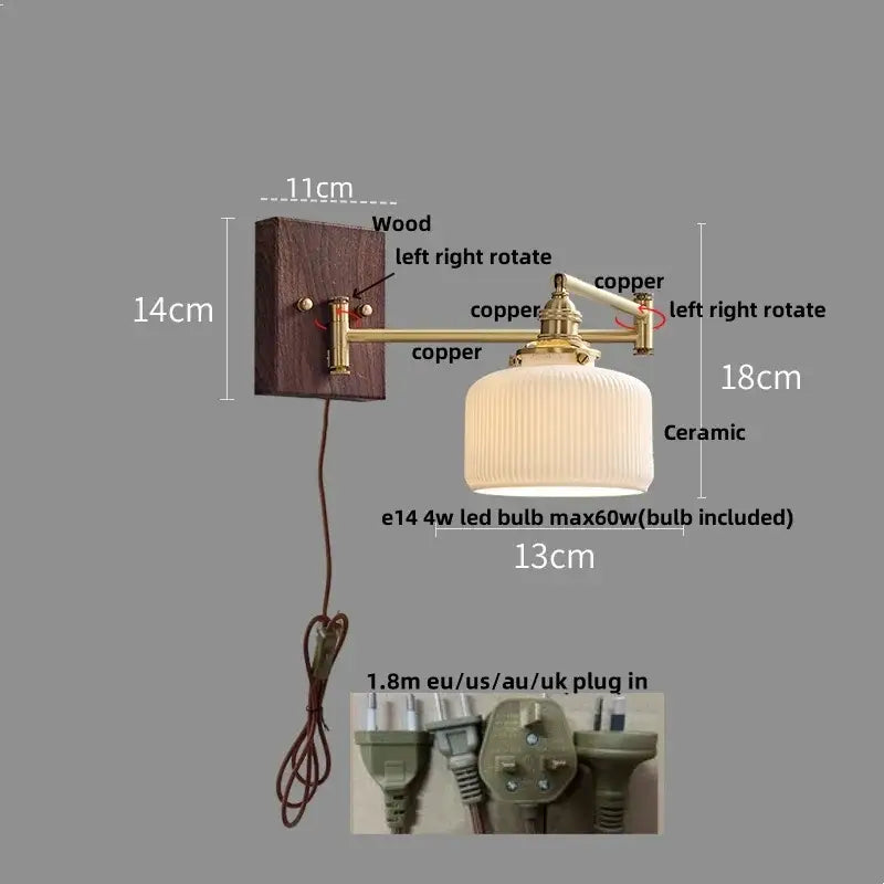 Vintage brass and amber glass wall sconce with copper ribbed ceramic led shade and wooden mounting plate decorbites ceramic led wall