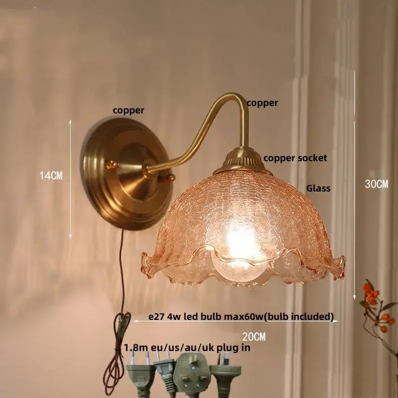 Antique brass wall sconce with decorbites amber glass and textured amber glass wall shade for bedroom vanity light