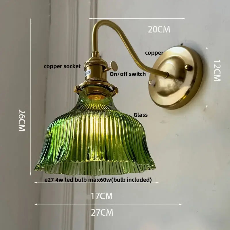 Vintage brass wall sconce with decorbites amber glass ribbed shade and copper-finished metal for bedroom vanity light
