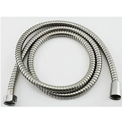 A coiled metallic silver shower hose with flexible corrugated design and threaded ends for vintage brass hand shower head faucet set