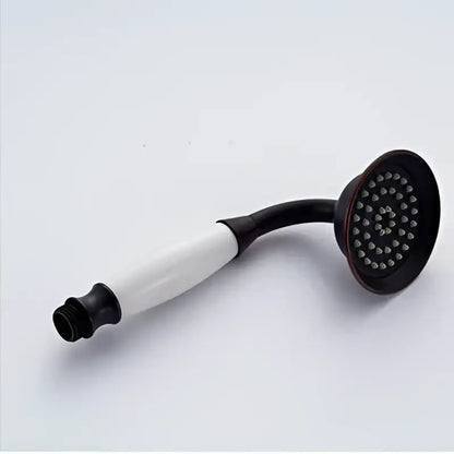Black and white vintage brass and bronze hand shower head faucet set with curved handle and multiple spray nozzles