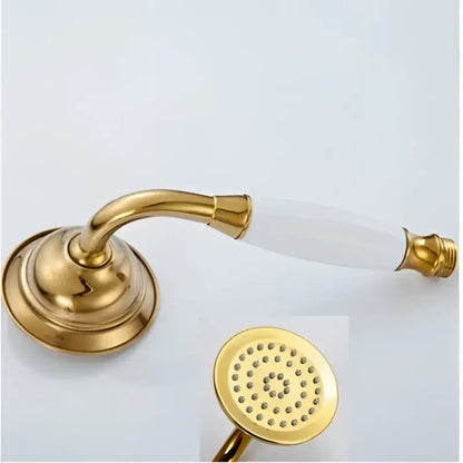 Gold-colored flexible metal shower hose with ribbed texture and brass fittings for vintage brass and bronze hand shower head faucet set