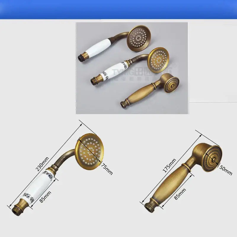Vintage brass handheld shower head with ceramic handles and decorative engravings for bathroom fixture