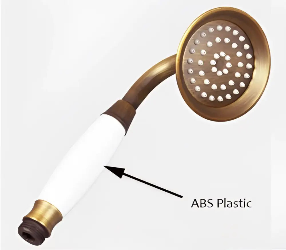 Vintage brass handheld shower head with ceramic and white ABS plastic handle for bathroom fixture