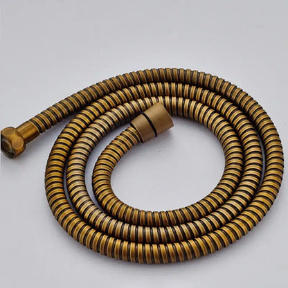 Antique brass-colored ribbed flexible shower hose for vintage brass and ceramic handheld shower head bathroom fixture