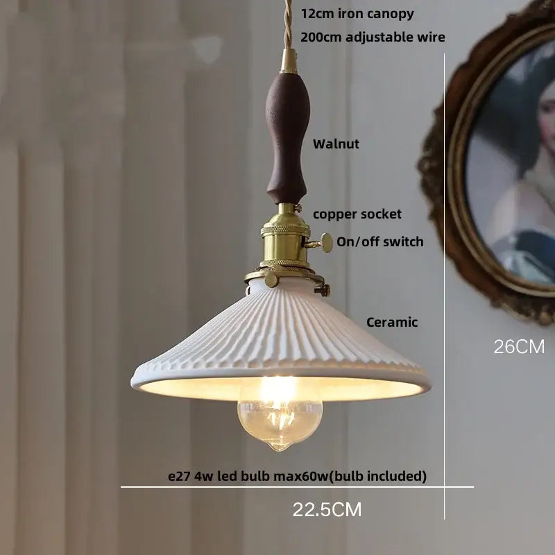 Vintage brass and ceramic LED pendant light with white fluted ceramic and walnut iron canopy copper ceramic led decorbites