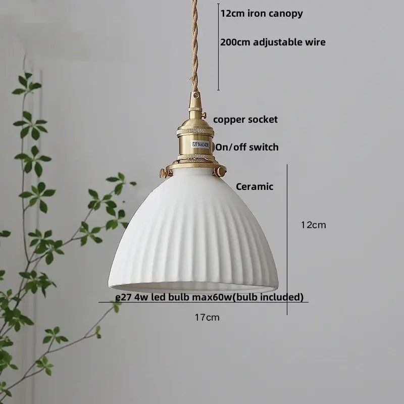 Vintage brass and ceramic led pendant light with white fluted ceramic shade and brass-finished metal decorbites copper ceramic