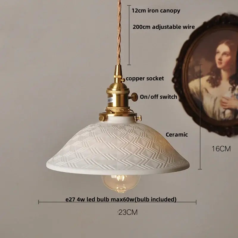 Vintage brass and ceramic pendant light with textured white ceramic diamond pattern and decorbites copper ceramic led socket