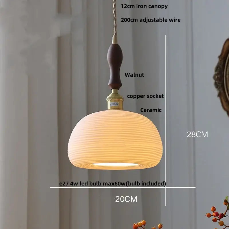 Vintage brass and ceramic led pendant light with warm-toned ribbed ceramic shade, walnut handle, and copper socket decorbites copper ceramic