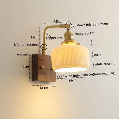 Vintage brass and ceramic led wall lights with a walnut wood base and white ridged ceramic shade for bedroom use