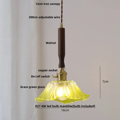 Vintage brass and ceramic walnut wood pendant light with grass green glass and dark walnut iron canopy by decorbites ceramic walnut