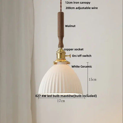 White ceramic pendant light with ribbed design copper socket and walnut wood iron canopy by decorbites ceramic walnut wood