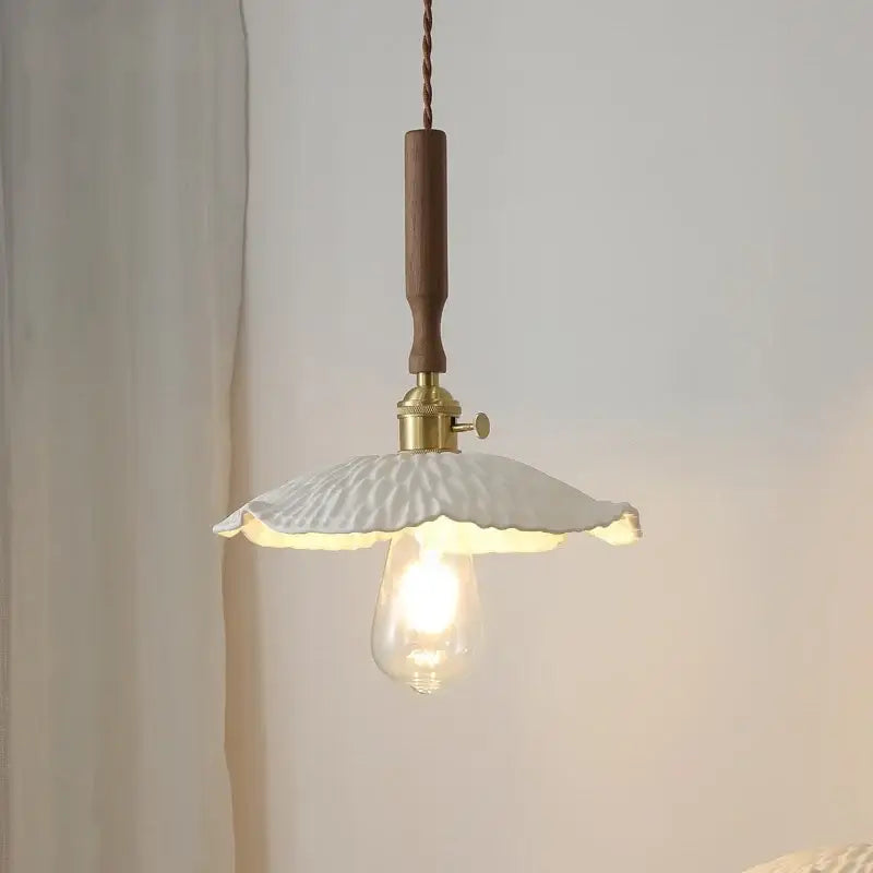 White ceramic walnut wood pendant light with textured petal shade and wooden handle for decorbites ceramic walnut decor