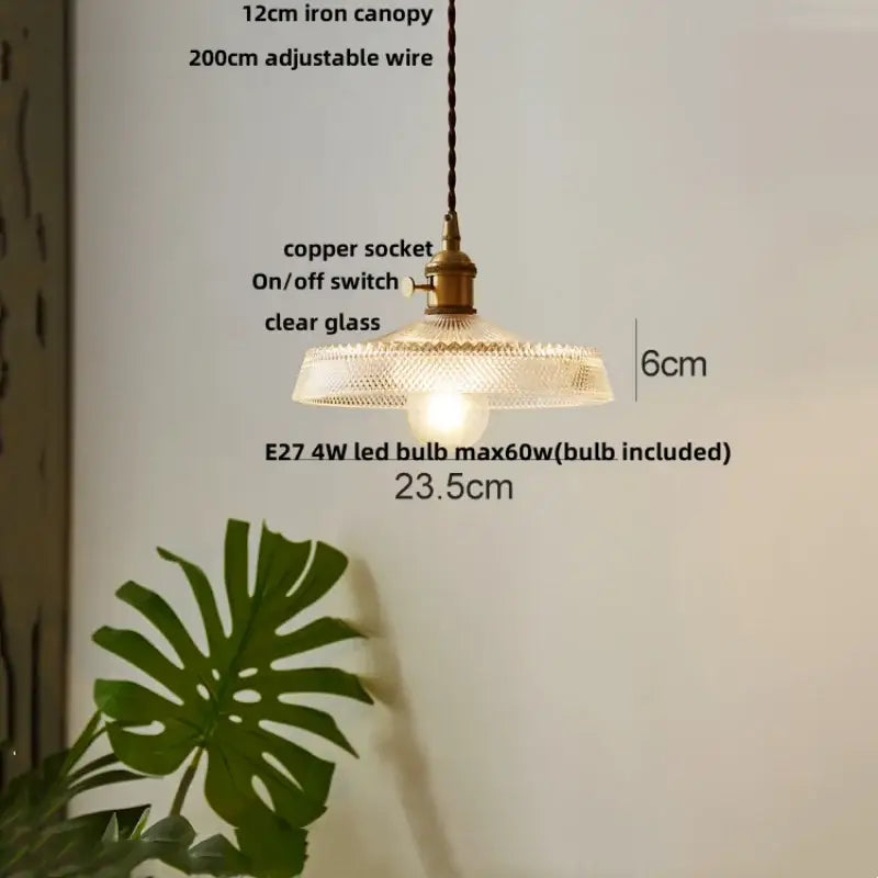 Vintage brass pendant light with decorbites clear glass led textured shade and copper socket for kitchen hanging lamp