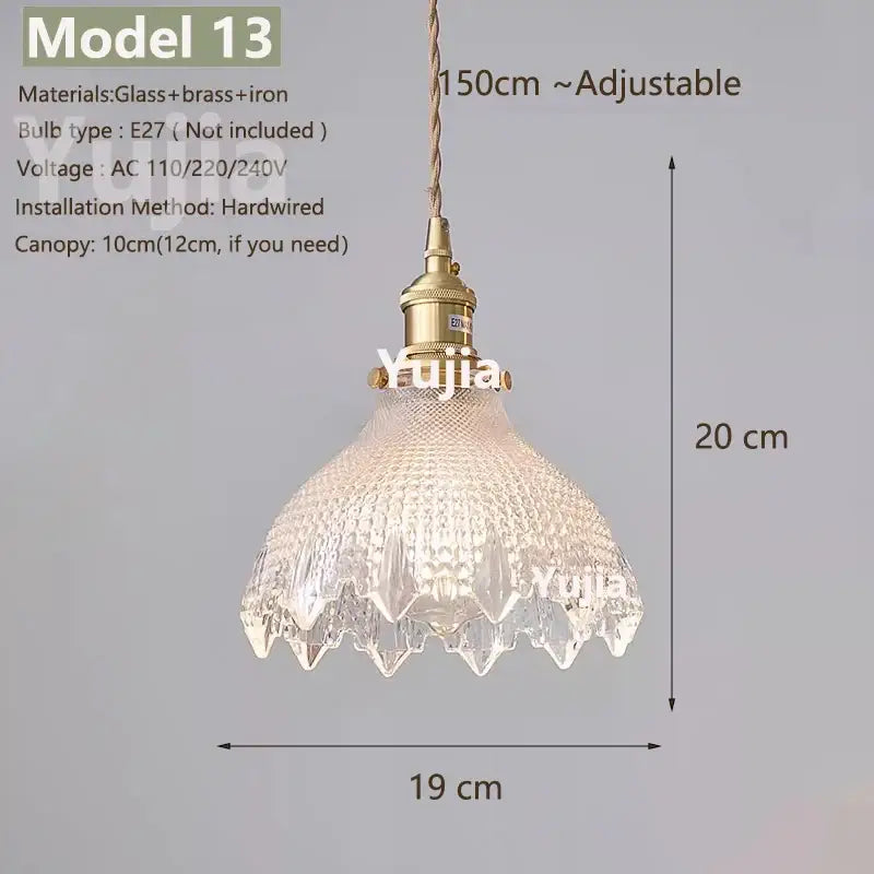 Model 13 pendant light with clear glass textured shade and brass-finished metal components, ideal kitchen lighting