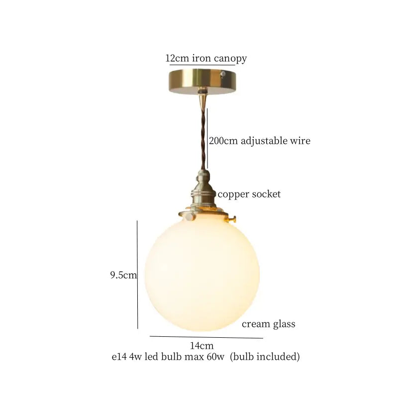 Vintage brass pendant light with cream glass ball globe and adjustable wire for kitchen decorbites cream glass lighting