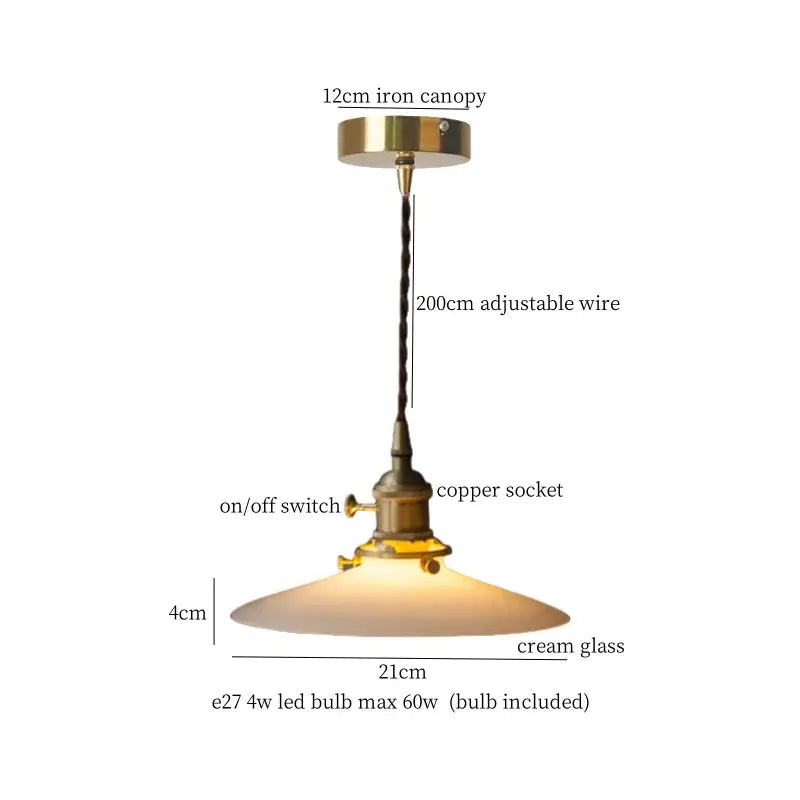Vintage brass and cream glass ball pendant light with brass iron canopy and copper socket for kitchen decorbites cream glass