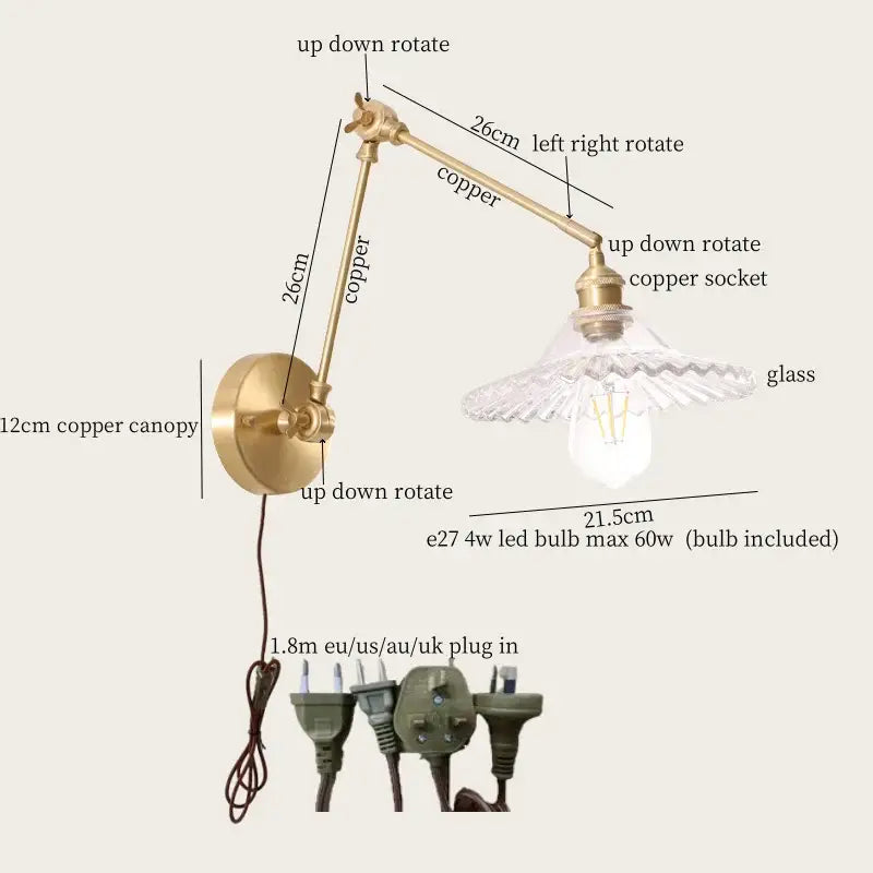 Adjustable vintage brass and cream resin led wall sconce with copper arm clear glass shade and included led bulb by decorbites cream resin