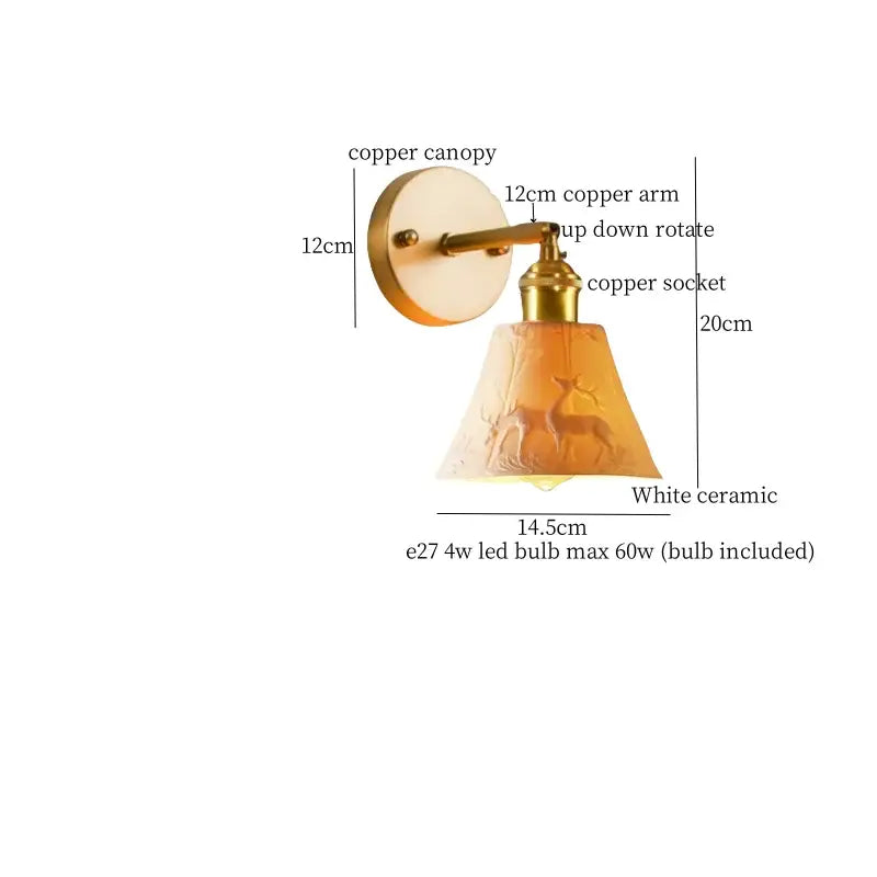 Vintage brass and frosted glass wall sconce with warm amber ceramic led wall and carved deer decorbites ceramic led design