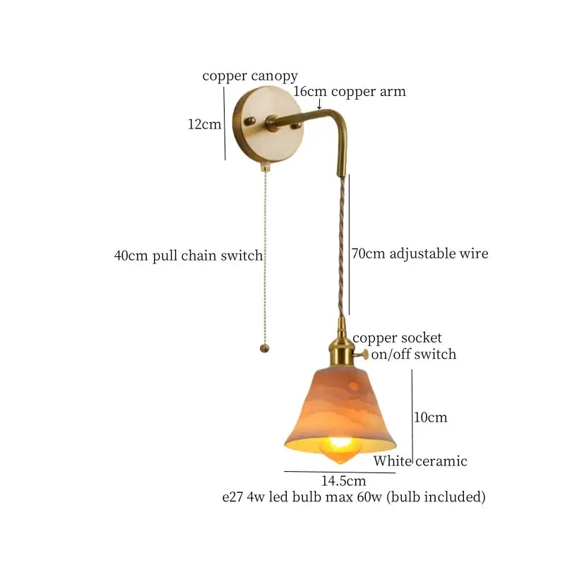 A warm-toned white ceramic led wall sconce with copper canopy and arm for bedroom decorbites ceramic led wall use