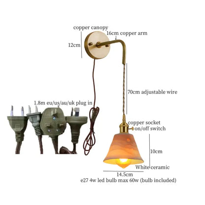Warm-toned white ceramic led wall pendant lamp with copper arm and adjustable wire for decorbites ceramic led wall sconce