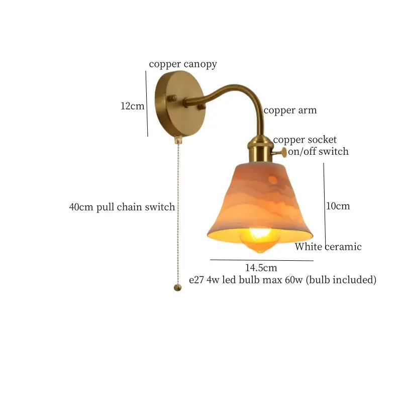 Copper-finished wall sconce with white ceramic lampshade and warm amber hues for decorbites ceramic led wall decor