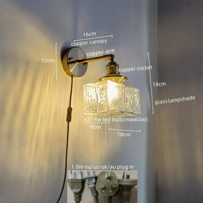 Vintage brass and copper led wall lamp with textured glass lampshade and pull chain for bedroom lighting