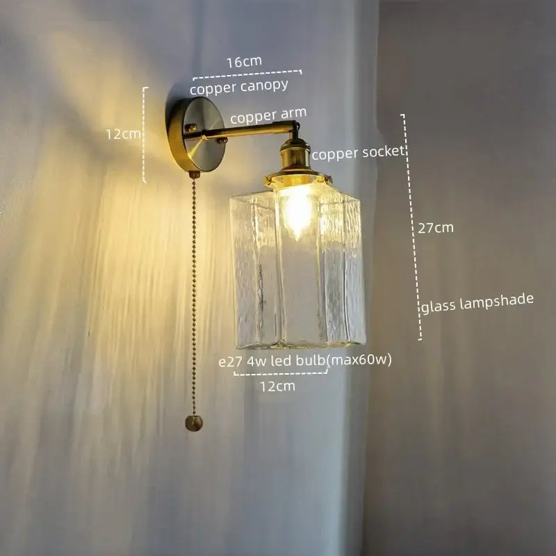 Copper wall lamp with textured glass lampshade and pull chain vintage brass and glass led wall lamp for bedroom