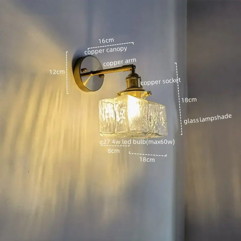 Vintage brass and copper led wall lamp with textured glass lampshade and pull chain for bedroom lighting